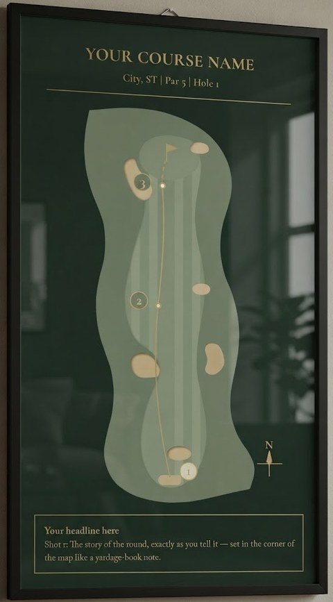 A framed Tee Sheetz poster on a wall: course name, hole details, a numbered shot-by-shot route down the fairway, and the golfer's own story printed at the bottom